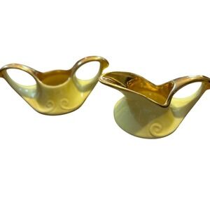 Vintage Yellow Ceramic Creamers yellow Gold Trim Mid Century Set of 2